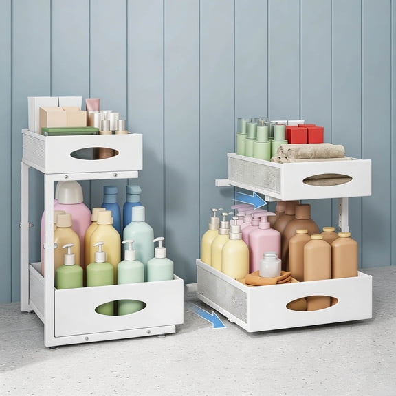 Under Sink Organizer, 2-Pack Pull Out Cabinet Organizer 2 Tier Metal Slide Out Storage Shelf Rack, L-Shaped Adjustable Height, Mesh Sliding Drawer for Kitchen, Bathroom, Laundry, Pantry, White