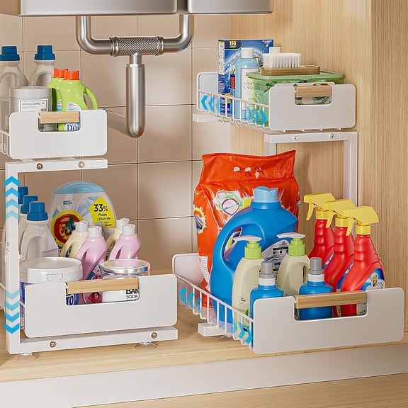 Under Sink Organizer 2 Pack, Pull Out Cabinet Organizer for Kitchen Sink, 2 Tier Metal Slide Out Shelf Caddy for Bathroom Storage, 5 Adjustable Heights for Pantry & Laundry Room, White