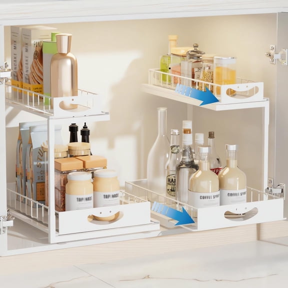 Under Sink Organizer, 2 Pack Pull Out Kitchen Cabinet Organizer Metal Slide Out Shelves, 2 Tier Sliding Cabinet Basket Organizer Drawer, Bathroom Organizers and Storage