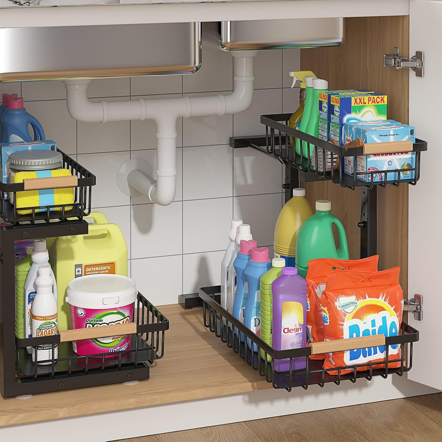 Under Sink Organizer 2 Packs, Pull Out Kitchen Sink Organizer, 2 Tier ...