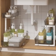 Under Sink Organizer 2 Packs, Pull Out Kitchen Sink Organizer, 2 Tier Slide Out Kitchen Organizers and Storage Bathroom Under Cabinet Storage Shelf, Grey & White