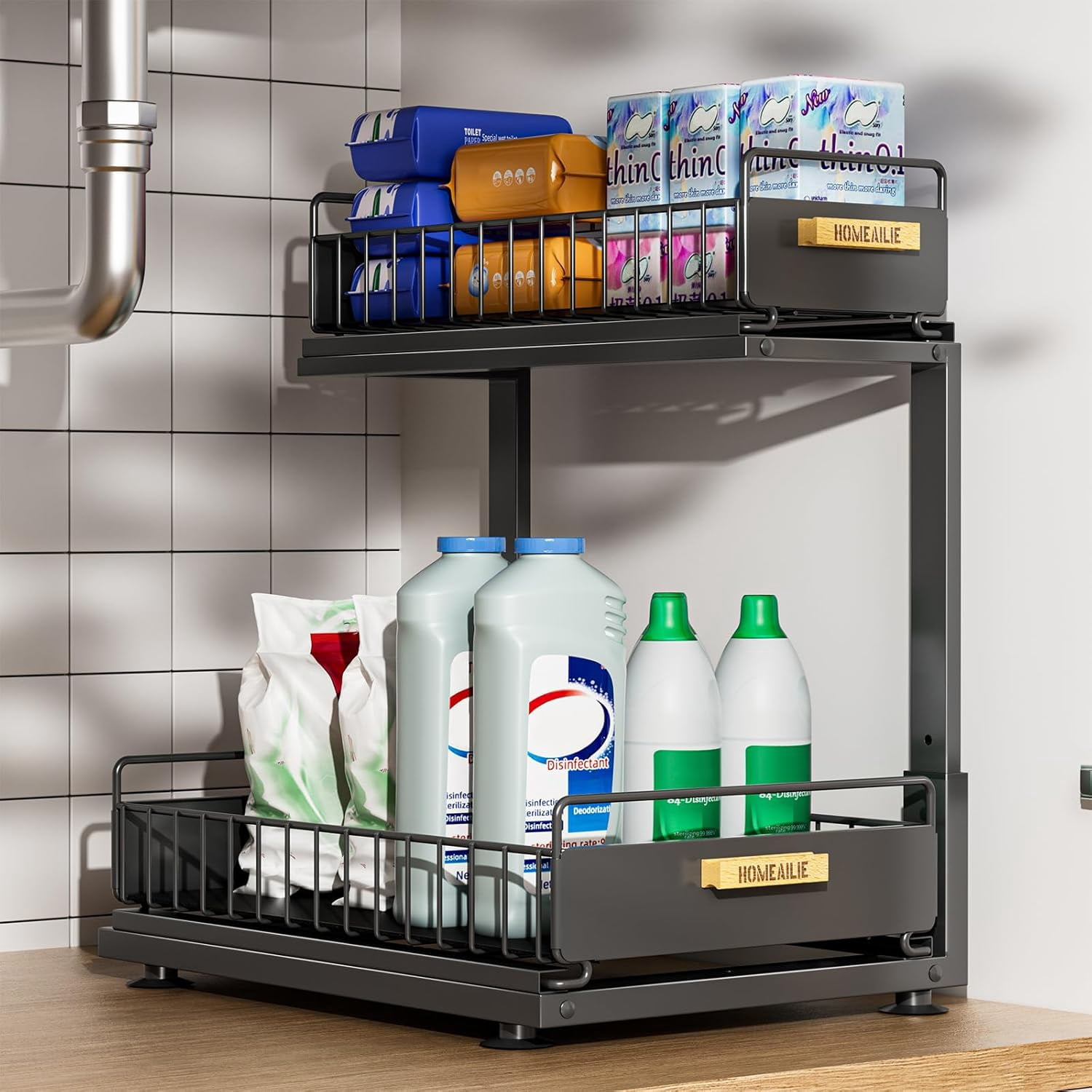 2-Tier Under Sink Organizer With Pull-Out Drawers - Heavy Duty Metal Slide Out Cabinet Storage For Kitchen & Bathroom
