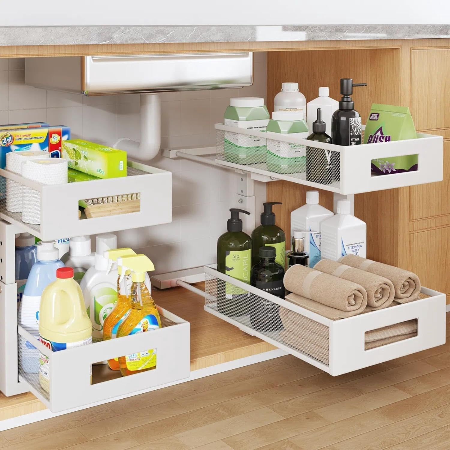 Under Sink Organizer, 2-Tier Dual Pull Out Cabinet Organizer Drawers ...