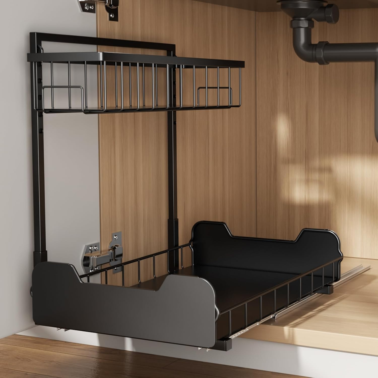 Under Sink Organizer, 2-Tier L-Shaped Pull Out Cabinet Shelf with 2 Installation Methods, Adjustable Sliding Storage Drawer for Kitchen, Bathroom, Laundry, Metal, Black