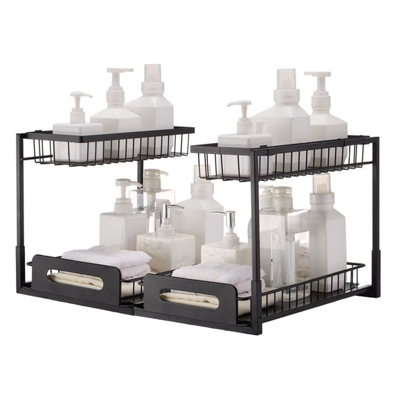 Under Sink Organizer 2 Tier - Pull Out Cabinet Organizer (2 Pack) 10.7x14.2in Sliding Shelf, Wire Basket Storage for Kitchen, Bathroom, Vanity - 25.5Wx15.5Dx13H Install Size