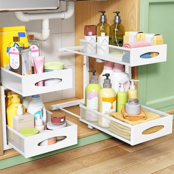 Under Sink Organizer, 2 Tier Pull out Cabinet Organizer Baskets with Mesh Sliding Drawers, Slide out Storage Shelf for , Kitchen, Bathroom, Pantry, Office Cabinet(1 Pack, White)