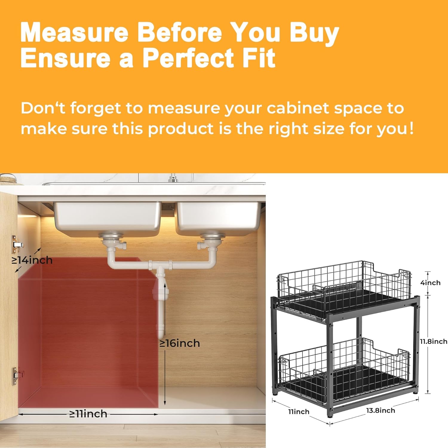Under Sink Organizer 2-Tier Pull Out Cabinet Storage Rack for Kitchen Bathroom Spice Rack Sliding Drawers Shelves Pack of 2