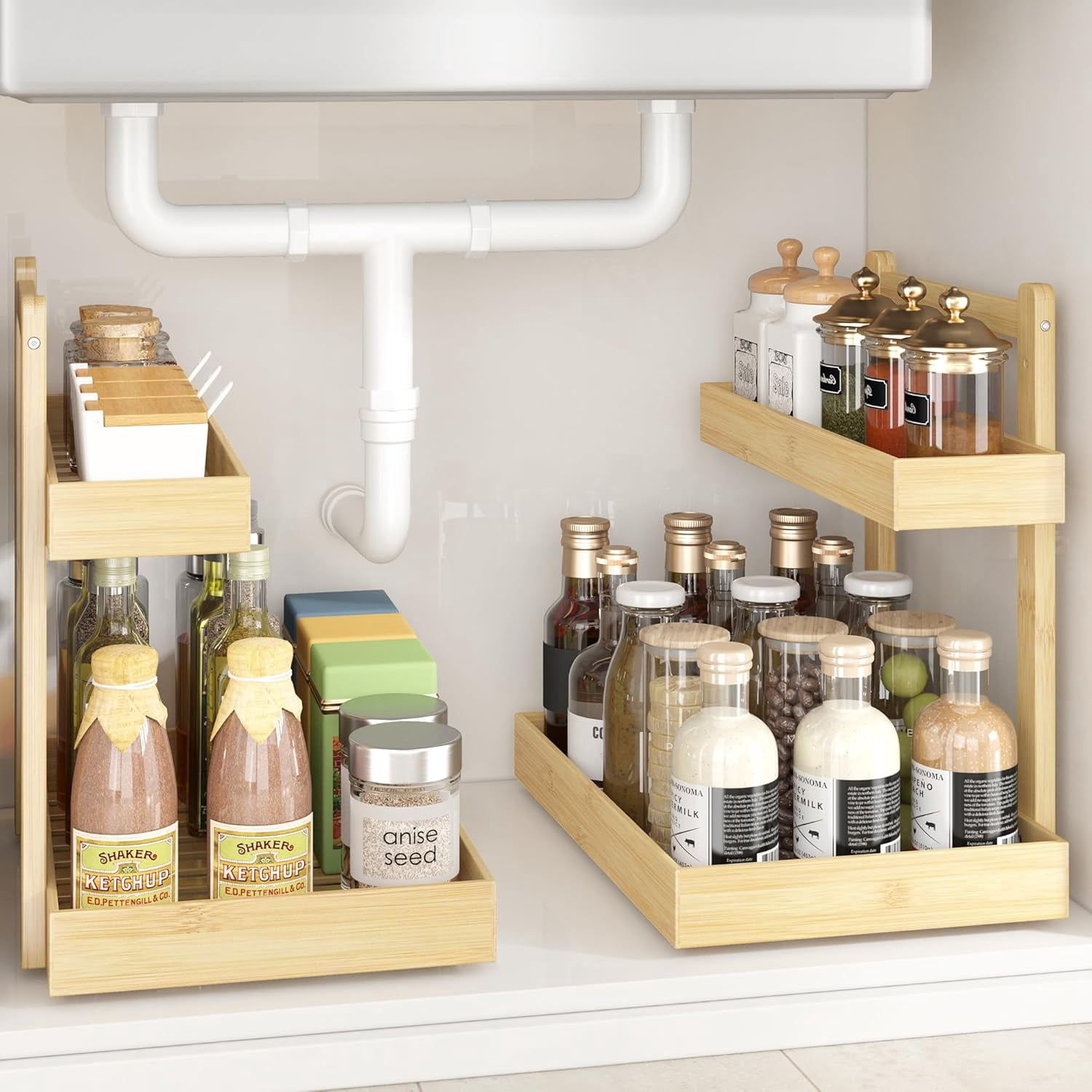 Under Sink Organizer - 2-Tier Pull Out Cabinet Organizer Vertical Slide ...