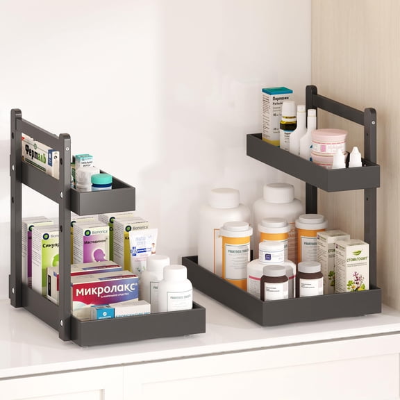 Under Sink Organizer - 2-Tier Pull Out Cabinet Organizer Vertical Slide Out Sink Shelf Storage Shelves for Multi-Purpose Bath Kitchen Bathroom Medicine