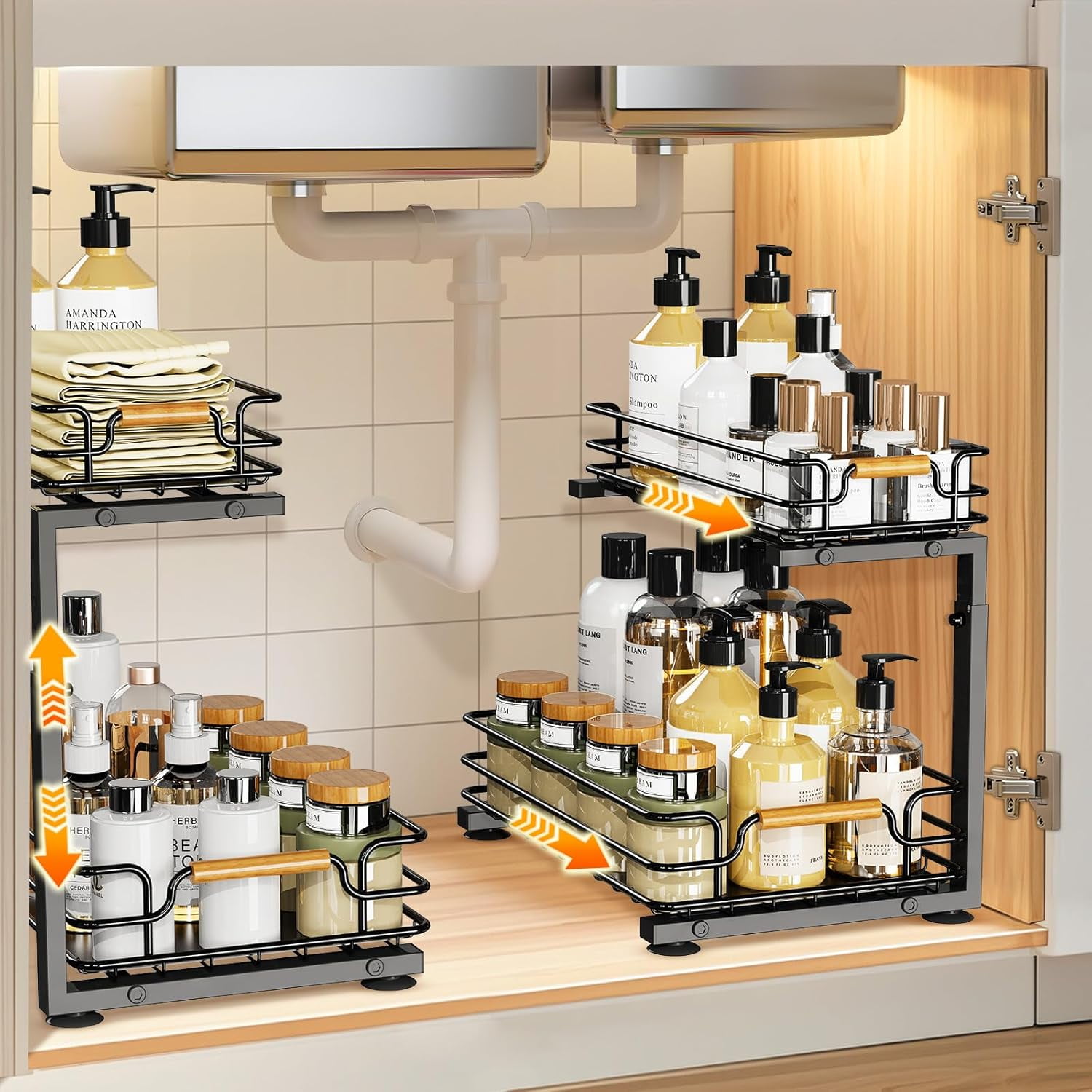 Organizer Cucina A 2 Livelli Per Sottolavello – Ripiano Regolabile In Metallo Per Bagno E Cucina, Colore Nero, Facile Da Montare