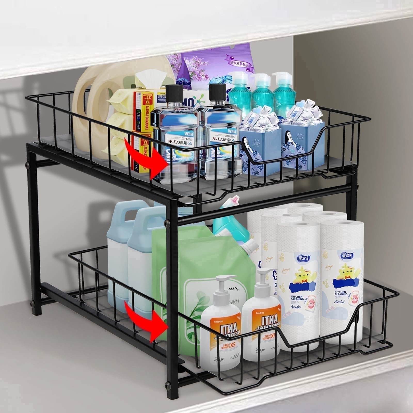 NUBILY Under Sink Organizer 2 Tier Pull Out Rustproof Sliding Drawer for Kitchen Bathroom Cabinet Black