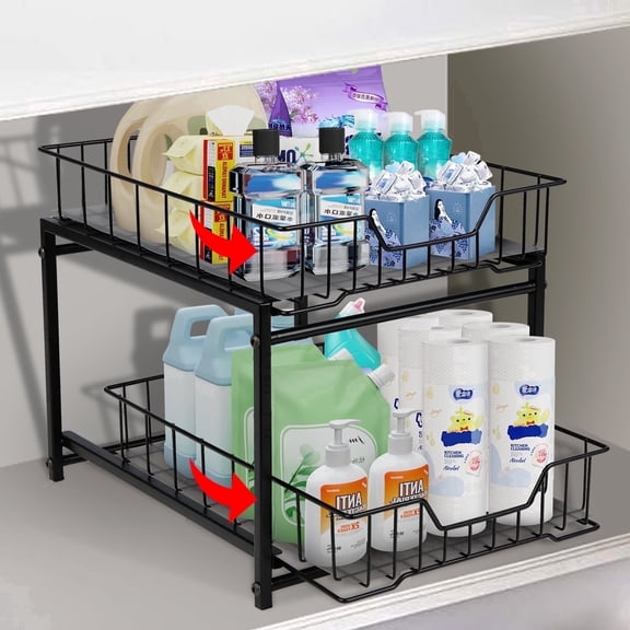 NUBILY Under Sink Organizer 2 Tier Pull Out Rustproof Sliding Drawer for Kitchen Bathroom Cabinet Black