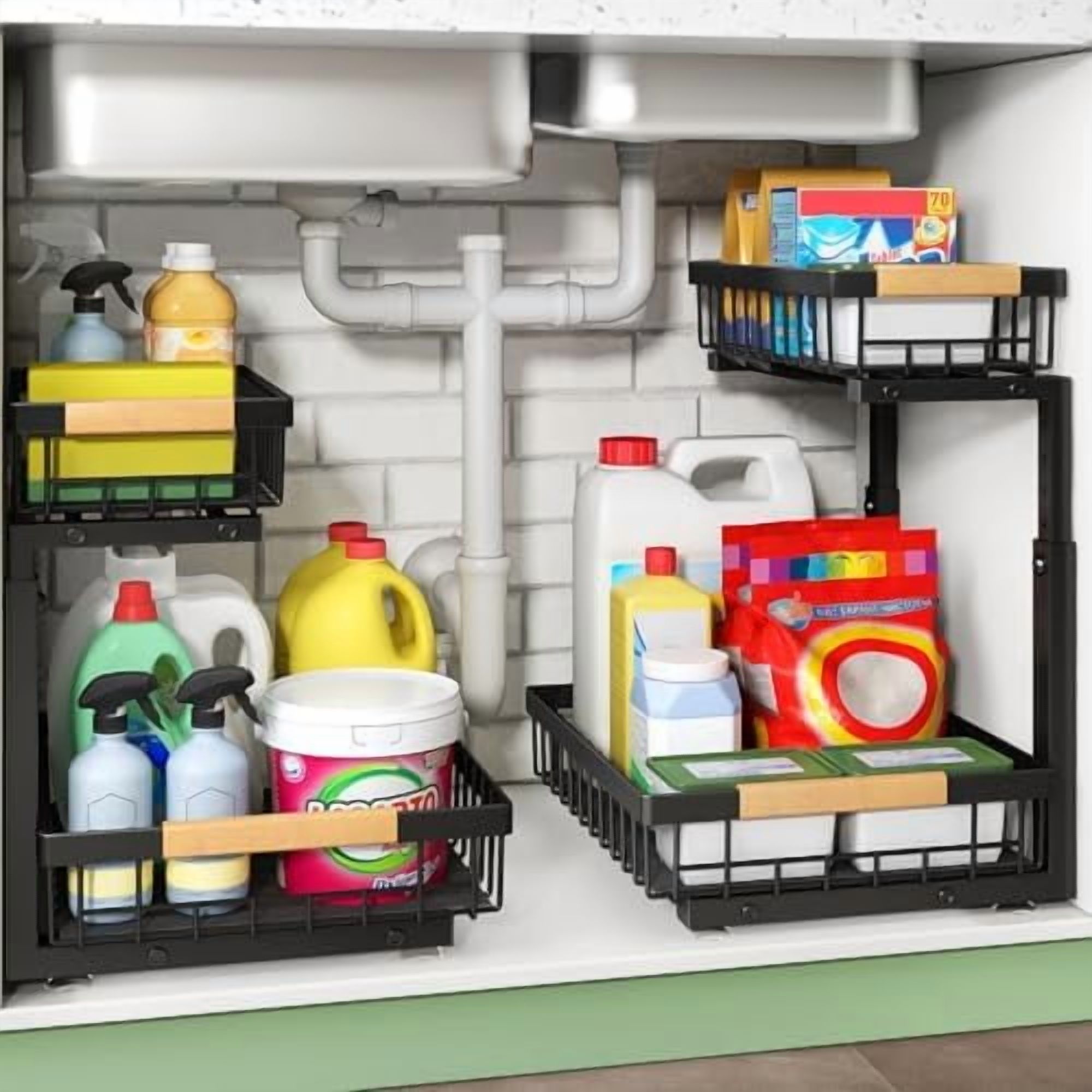 Under Sink Organizer, 2 Tier Under the Sink Storage, Slide out Pull out Cabinet Organizer Shelf, Metal Sliding Drawer for Kitchen Bathroom Pantry Closet Organization Rack, Black, 1 Pack