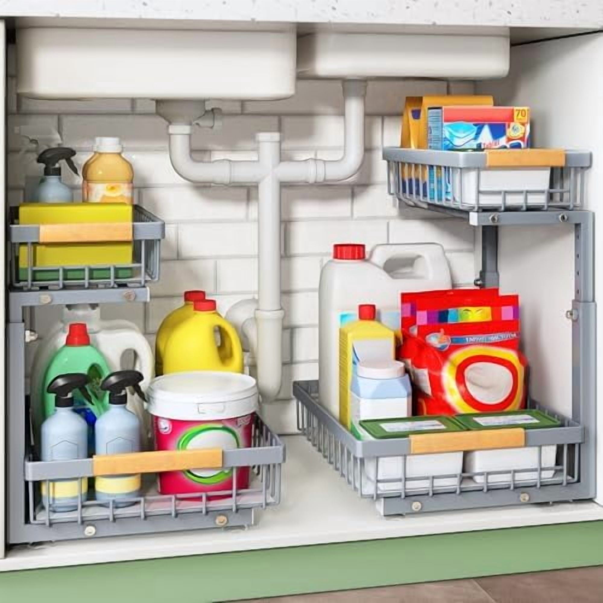 Under Sink Organizer, 2 Tier Under the Sink Storage, Slide out Pull out Cabinet Organizer Shelf, Metal Sliding Drawer for Kitchen Bathroom Pantry Closet Organization Rack, Grey, 1 Pack