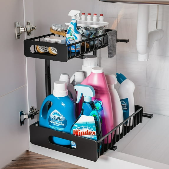 Under Sink Organizer, 2 Tier Slide Out Under Kitchen Sink Organizer and Storage, LASHOW’ Height Adjustable Pull Out Kitchen Bathroom Metal Sink Storage Shelves.