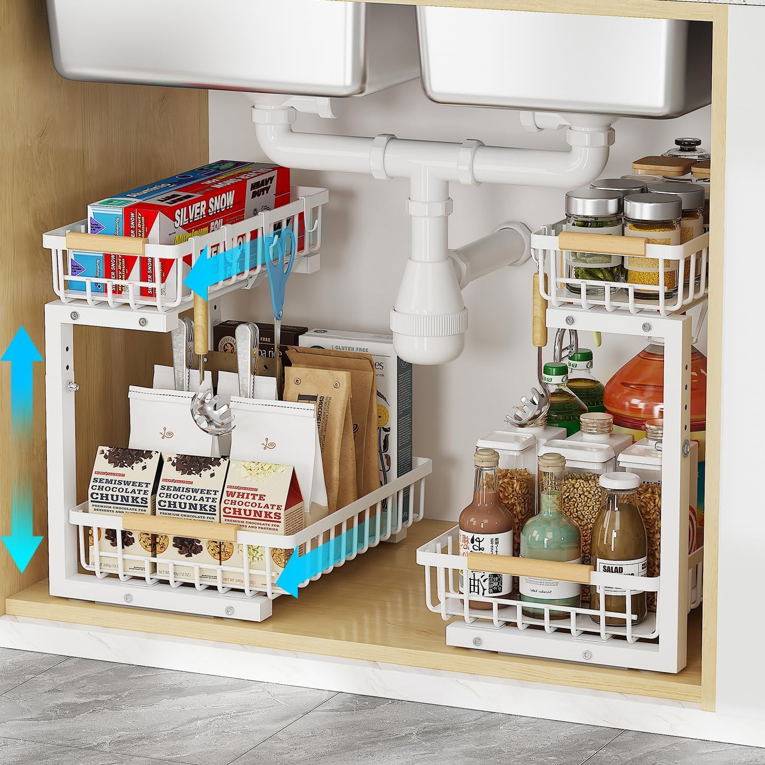 2 Pack Metal Under Sink Storage, 2 Tier Sliding Under Sink Organiser, Height Adjustable Kitchen Storage & Organisation, Pull out Cabinet Organizer, Bottom Slide Out Basket for Kitchen Bathroom (White