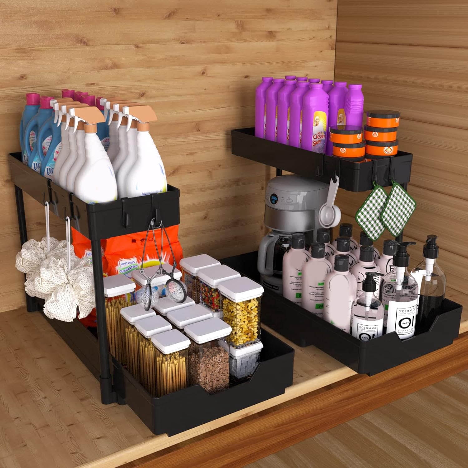 Under Sink Organizer 2 Tier Sliding Cabinet Organizer Multi-Purpose Sink Storage Basket L-Shape Narrow Space Storage Shelves with Hook for Kitchen Bathroom Drawer, Black