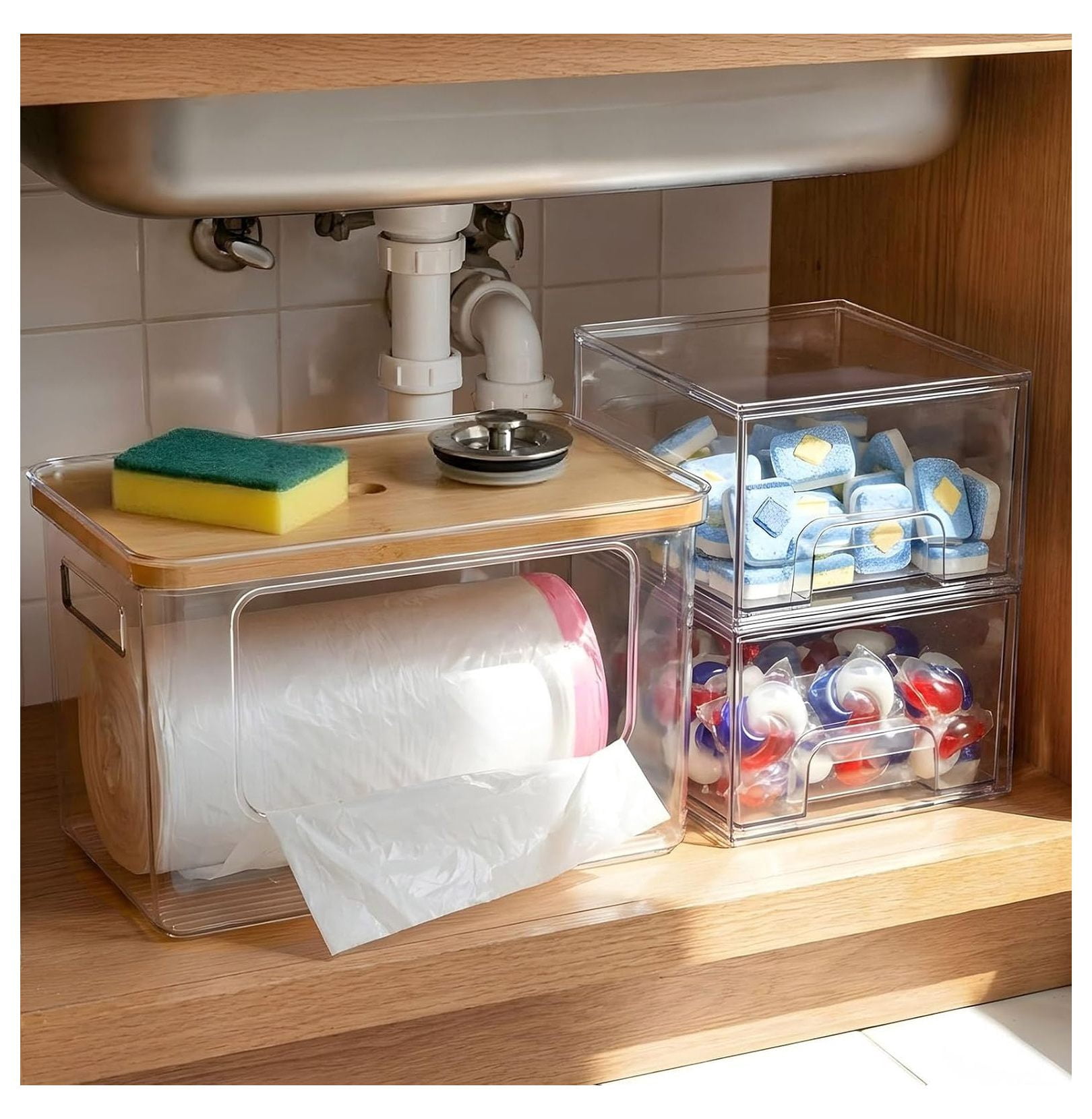 Kicthen Clean Signs Under Sink Organizer 3 in 1 Stackable Acrylic Bathroom Storage Bin ...