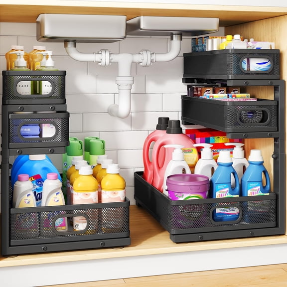 Under Sink Organizer, 3-Tier Thickened Metal Pull out Cabinet Organizer Shelf, Height Adjustable Slide out Storage Drawer Rack for Kitchen Bathroom Pantry Laundry Home Organization, 2-Pack, Black VT1