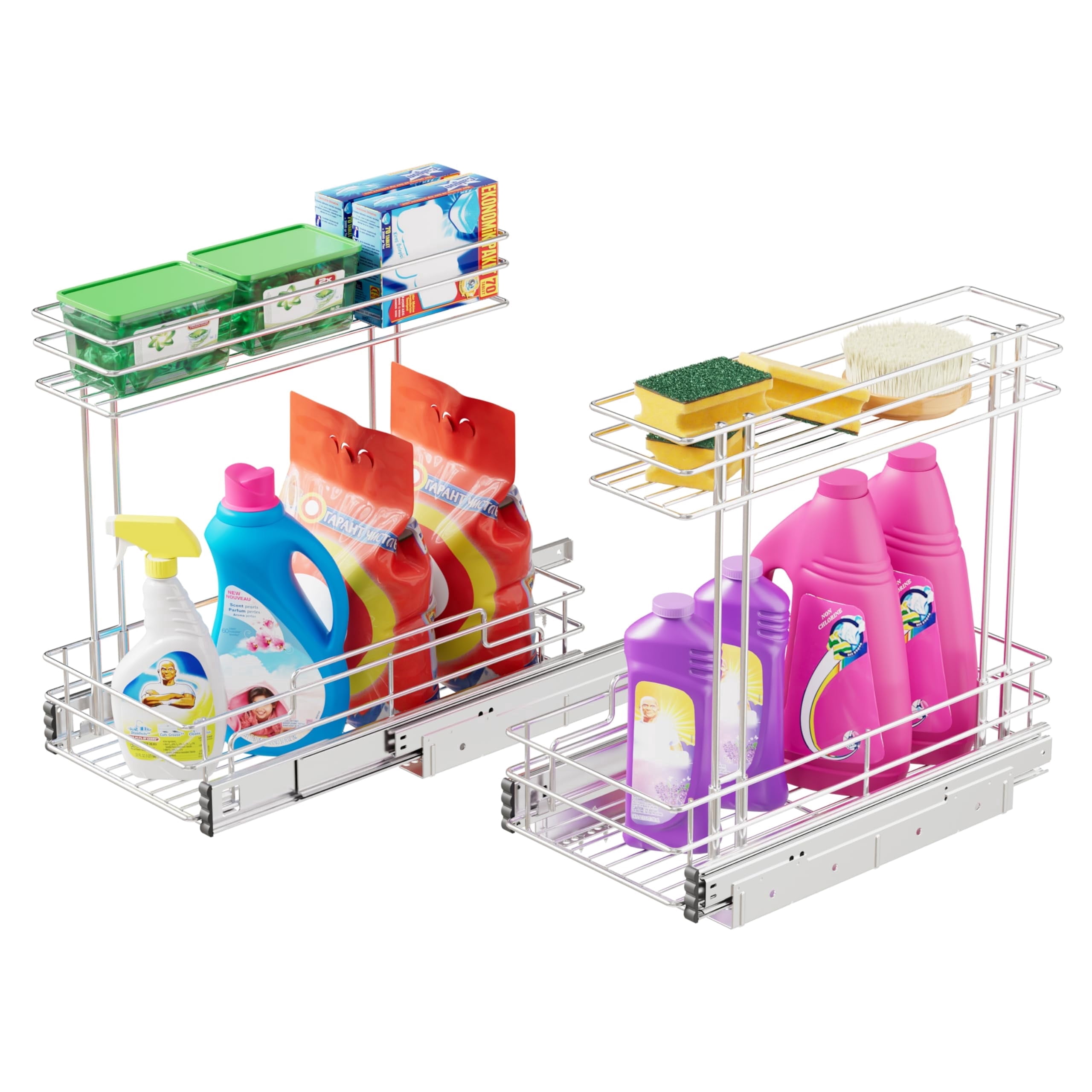 STORKING Under Sink 2-Tier Pull-Out Organizer, 9"W x 17"D Chrome Plated, for Kitchen Bathroom Pantry Closet Rack, 2 Pack