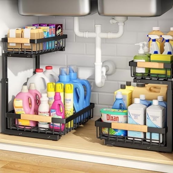Under Sink Organizer, Adjustable Height, 2 Tier Pull Out Under Cabinet Organizer, Slide Out Thickened Metal Under Sink Storage for Kitchen Bathroom Laundry Pantry Cabinet, Black, Small-2-Pack