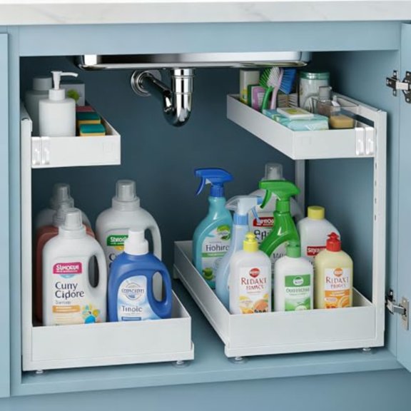 Under Sink Organizer Bathroom Counter Organizer 2 Pack 2 Tier L-Shape White Adjustable Height Carbon Steel Under Cabinet Storage with Pull Out Drawer Use for Kitchen Bathroom Office Shop Laundry