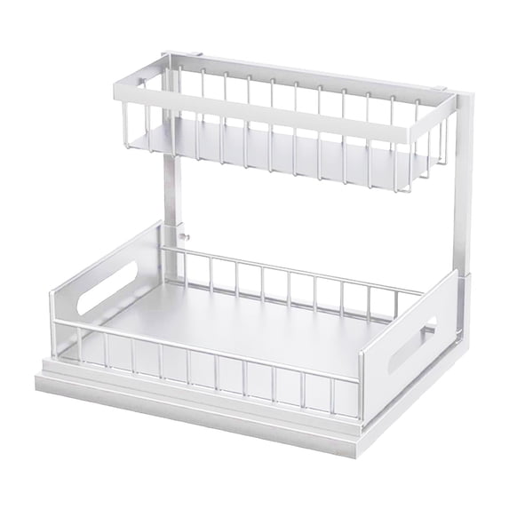 Under Sink Organizer,Cabinet Storage Rack,Pull Out Shelf,L Shaped 2 Tier Metal Under Sink Organizer with Sliding Drawer,Punch Free Slide Out Storage Rack for Kitchen Bathroom Cabinet,White