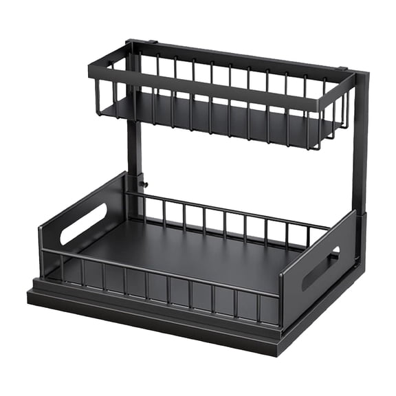 Under Sink Organizer,Cabinet Storage Rack,Pull Out Shelf,L Shaped 2 Tier Metal Under Sink Organizer with Sliding Drawer,Punch Free Slide Out Storage Rack for Kitchen Bathroom Cabinet,Black