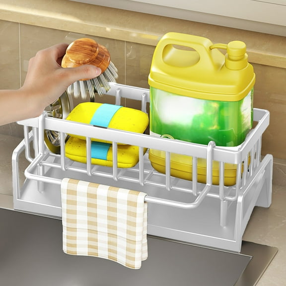 Sink Organizer,Dish Sponge Holder,Sponge Holder Kitchen Sink Caddy Organizer with Dish Brush Holder,Rustproof Stainless Steel Sink Sponge Holder with Auto-Draining Tray(White 9*4in)