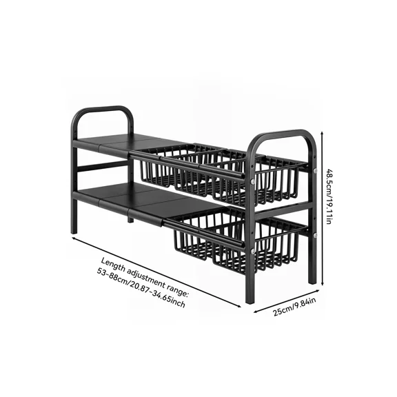 Under Sink Organizer Expandable 1 or 2-Tier, Heavy-Duty Metal Kitchen and Bathroom Storage with Detachable Baskets, Adjustable Height 35.4-38.6 Inch Pull Out Shelf, Black