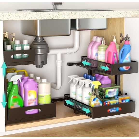 Under Sink Organizer, Extra-Wide Upgrade, 2-Pack of 2-Tier Metal Slide Out Cabinet Organizer, Height Adjustable Organization and Storage Series, Bathroom/Cabinet/Kitchen organization, Black