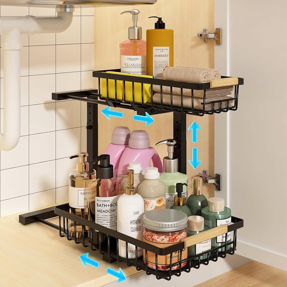Under Sink Organizer, Height Adjustable 2 Tier Pull Out Cabinet Storage, L-Shaped Drawer Organizer for Kitchen Sink Organizer, Bathroom Organizers and Storage, Smooth Sliding Rails, Black