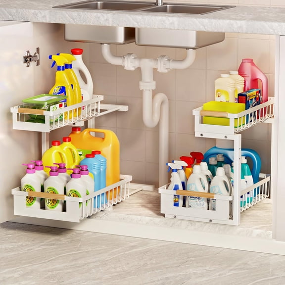 Under the Sink Organizer Kitchen, 2 Tier Large Pull Out Under Sink Organizer with Adjustable Height, Metal Under Cabinet Organizer and Storage for Counter Bathroom Vanity Laundry, White 2 Packs