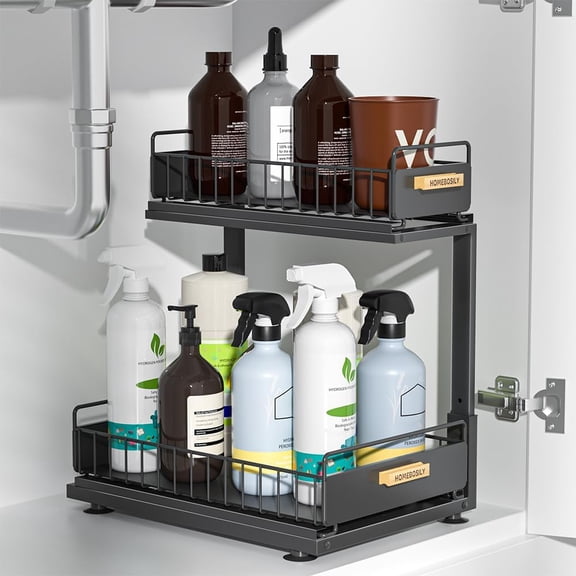 Unr Sink Organizer Kitchen, 2 Tier Unr Sink Organizers and Storage, Pull out Cabinet Organizer Shelf, Metal Drawer for Kitchen Bathroom Pantry Cabinet Closet Organization Rack, Black, 1 Pack