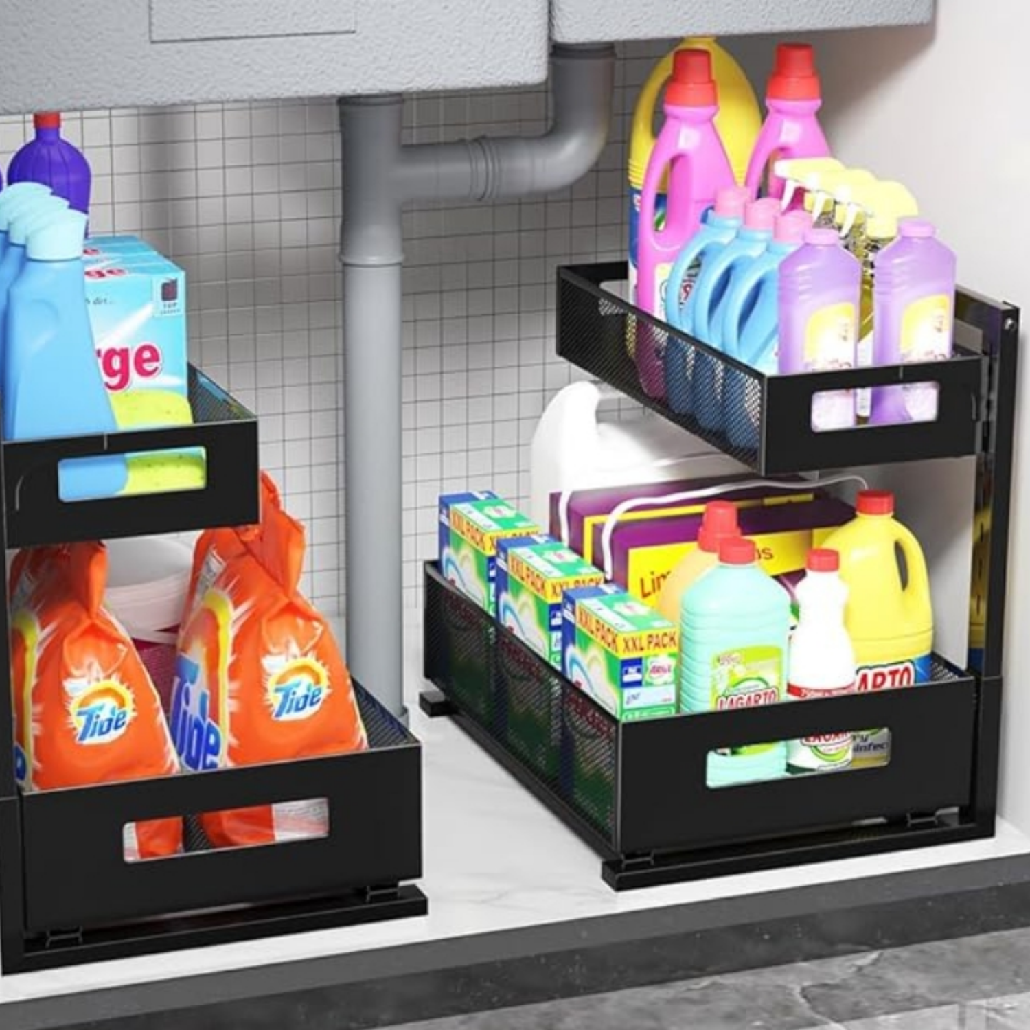 Under Sink Organizer, Metal Under Sink Organizers and Storage, Slide Out Pull Out Cabinet Organizer for Kitchen, Bathroom, Pantry, Laundry, Study, Black
