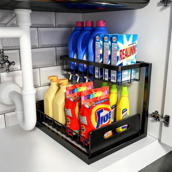Under Sink Organizer, Pull Out Cabinet Organizer, 2 Tier Metal Slide Out Shelf with L Shaped Design for Kitchen, Bathroom, Laundry, and Utility Cabinet Storage for Deep Cabinets, White, 2 Pack