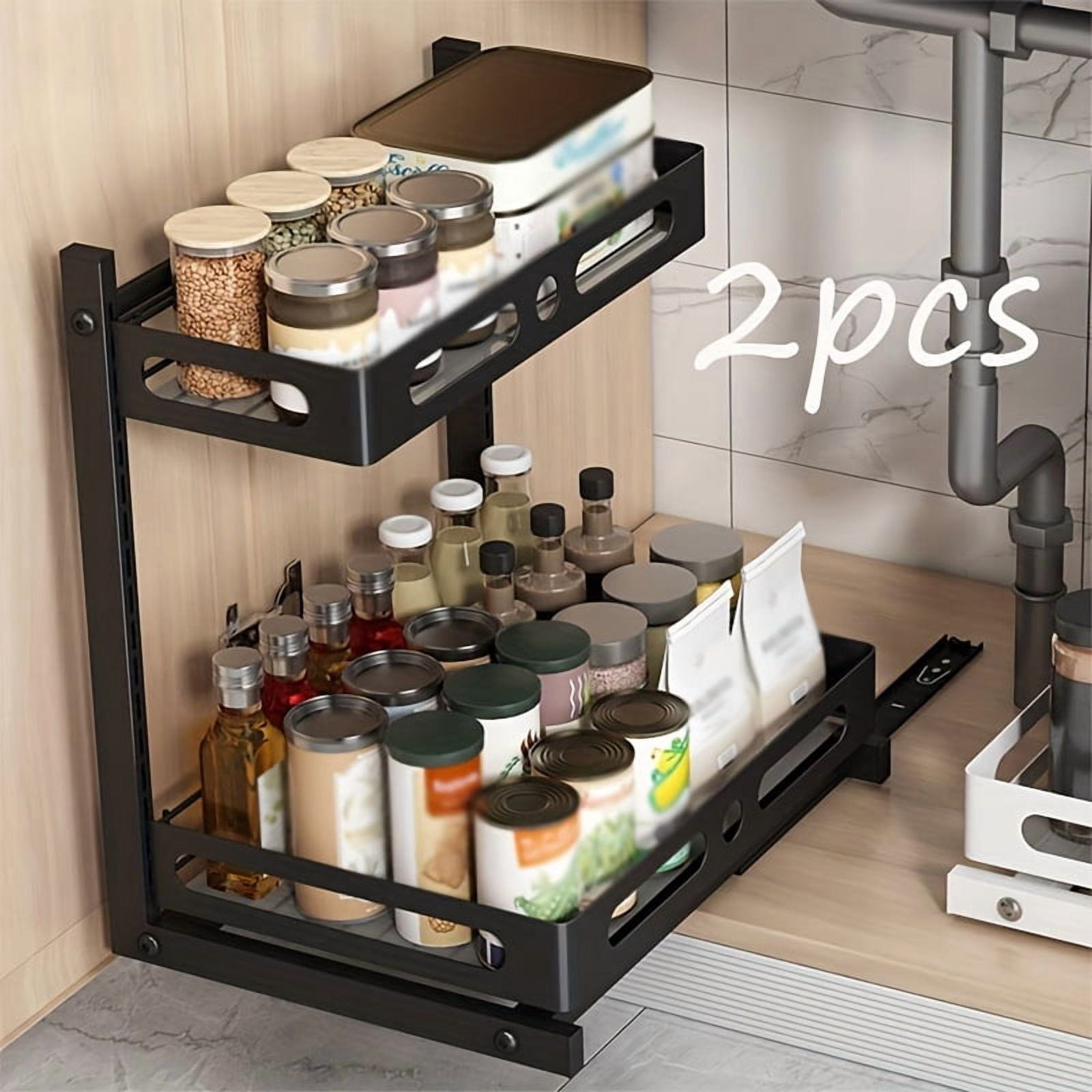 Under Sink Organizer, Pull Out Cabinet Organizers, Slide Sink Steel Shelf Cabinet Storage Shelves, Under Sink Storage for Kitchen Bathroom Cabinet (Black, 2 Pack)