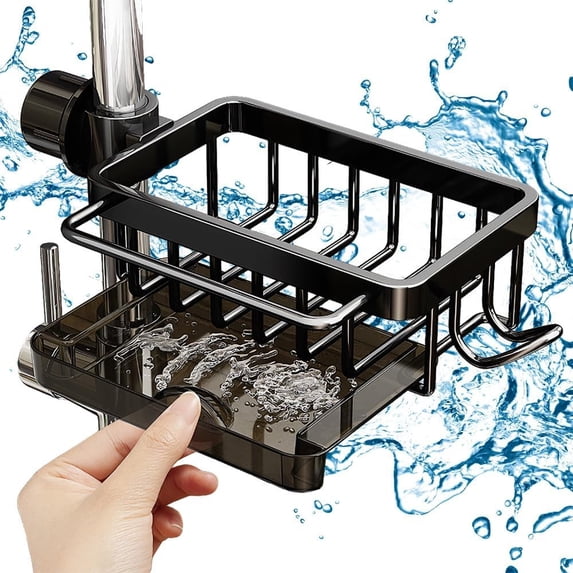 Sink Organizer Rack for Kitchen and Bathroom, Sponge Holder for Kitchen Sink, Stainless Steel Detachable Hanging Faucet Drain Rack, Hollow Quick-Dry Sink Organizer(Black,Right)