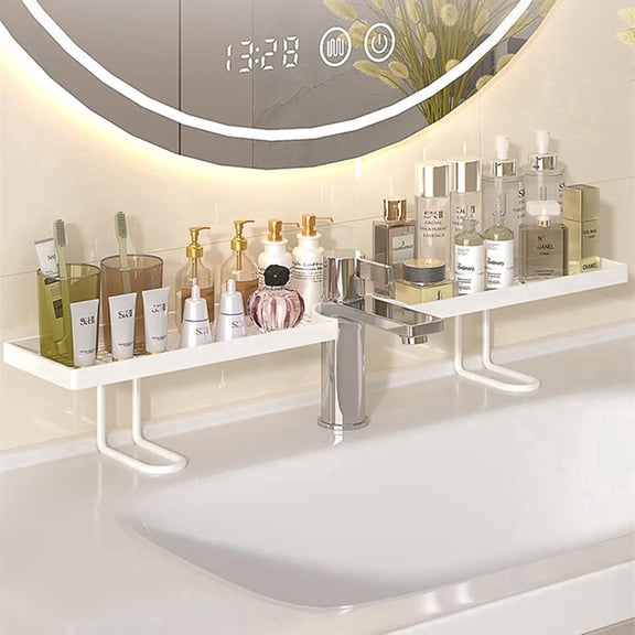 Sink Organizer Rack,No-Drill Freestanding Carbon Steel Faucet Storage Shelf, Washbasin Shelf, Tool-Free Organizer, Space-Saving Bathroom Countertop Organizer, Easy Drainage New (White)