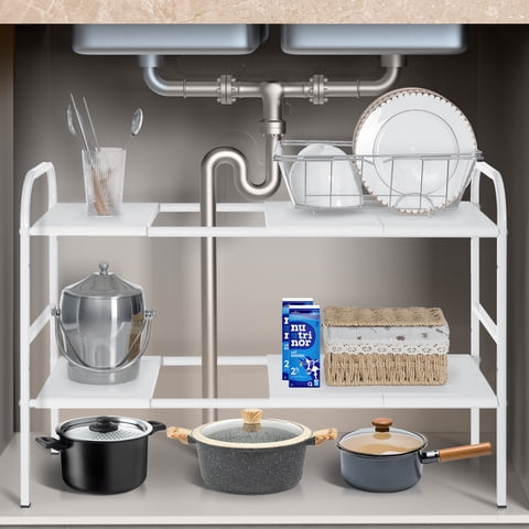 Under Sink Organizer Under Sink Organizers and Storage 34 x 9.6 x 19 inches Expandable Under Sink Storage 2-Tier Rack for Kitchen Bathroom Cabinet, White