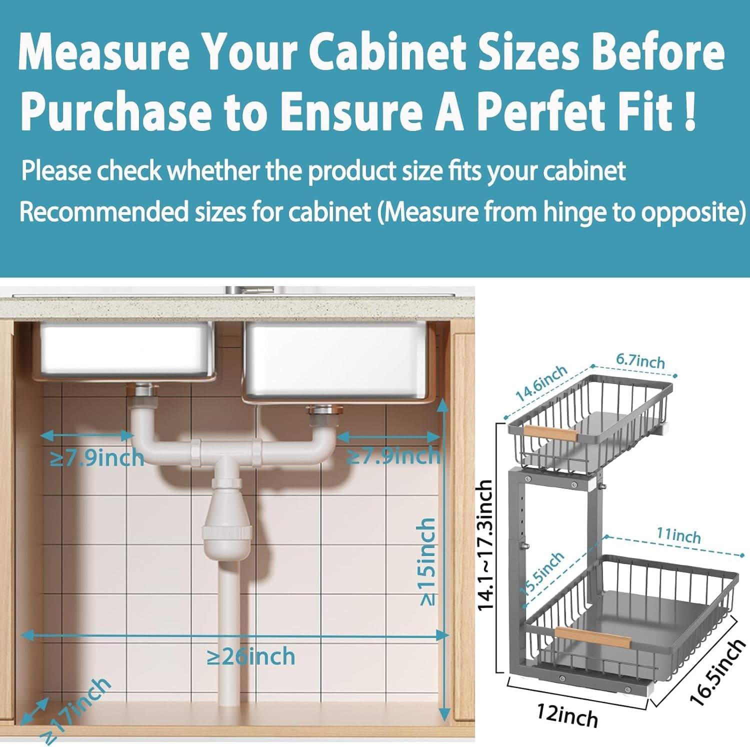 Under Sink Organizer Storage 2 Pack, 2 Tier Slide Out Height Adjustable Pull Out Cabinet Organizer Drawer for Kitchen Bathroom Large Under Sink Shelf Rack Caddy Grey