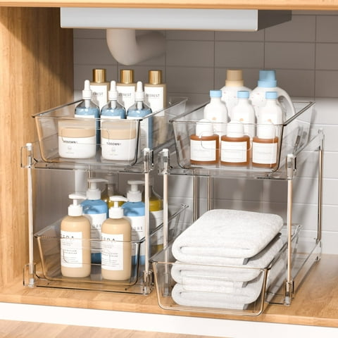 2-Tier Clear Under Sink Organizers and Storage, 2 Pack Pull-Out Cabinet Organizer,Vanity Countertop Container,Stackable Under Sink Organizer Organizers for Kitchen,Bathroom, Pantry Storage
