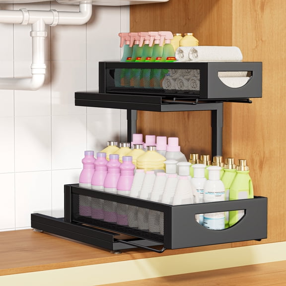 Under Sink Organizer and Storage for Bathroom and Kitchen - 1 Pack 2 Tier Under Cabinet Pull Out Shelf Organizers Black - Slide Out Drawer Organization for Home Cabinets Shelves and Drawers