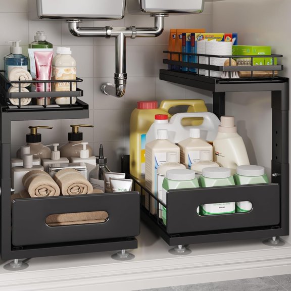 Under Sink Organizer Upgrade To Professional Rails,2-Tier Pull Out Cabinet Storage,Height Adjustable Slide Out Drawers For Bathroom Kitchen,2 Pack-14.5" Dx12.8-16.9" H,Black