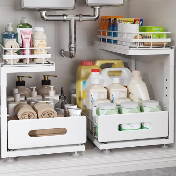 Under Sink Organizer Upgrade To Professional Rails,2-Tier  Pull Out Cabinet Storage,Height Adjustable Slide Out Drawers For Bathroom Kitchen,2 Pack-14.5" Dx12.8-16.9" H,White