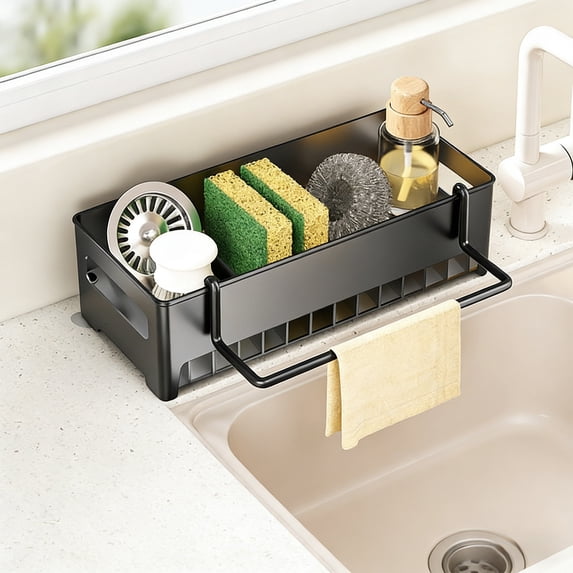 Sink Organizer with Towel Hook, Black Plastic Sponge & Soap Dispenser Holder | Drain Rack with Storage Basket for Kitchen Countertop Black