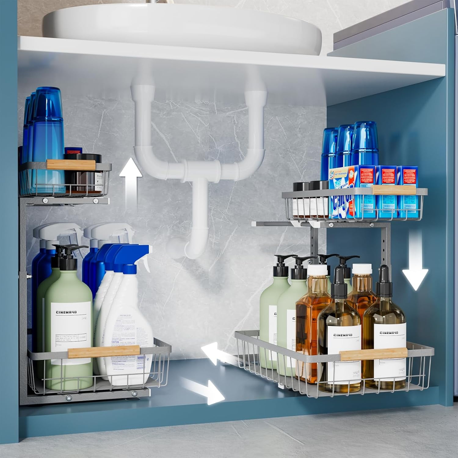 Under Sink Organizers and Storage, 2 Pack Under Kitchen Bathroom Cabinet Organizer, 2 tier pull out cabinet organizer, Adjustable Height Kitchen Cabinet Organizers and Storage, Gray