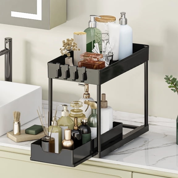 Under Sink Organizers and Storage, 2-Tier Sliding Cabinet Basket Organizer with Hooks, Multi-Purpose Pull Out Storage Organizer for Bathroom Kitchen Home