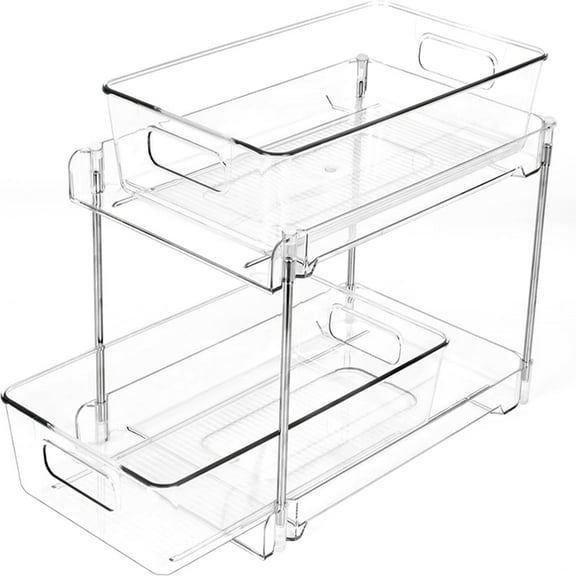 Under Sink Organizers and Storage for Bathroom or Kitchen, 2 Tier Pull Out Cabinet Vanity Counter Pantry Storage, Multi-Purpose Transparent Organizer with Drawers
