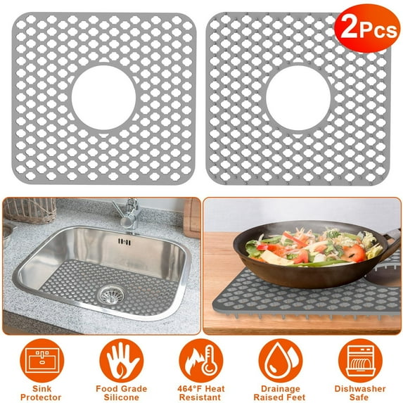 Imountek 2Pcs Sink Protector Mat, Rectangle Kitchen Sink Mat with Central Drain Hole, 11.61x13.58 inches
